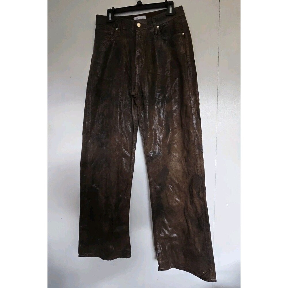 Zara‎ Pants Womens 6 Brown Faux Vegan Leather Straight Wide Leg Trousers Sleek